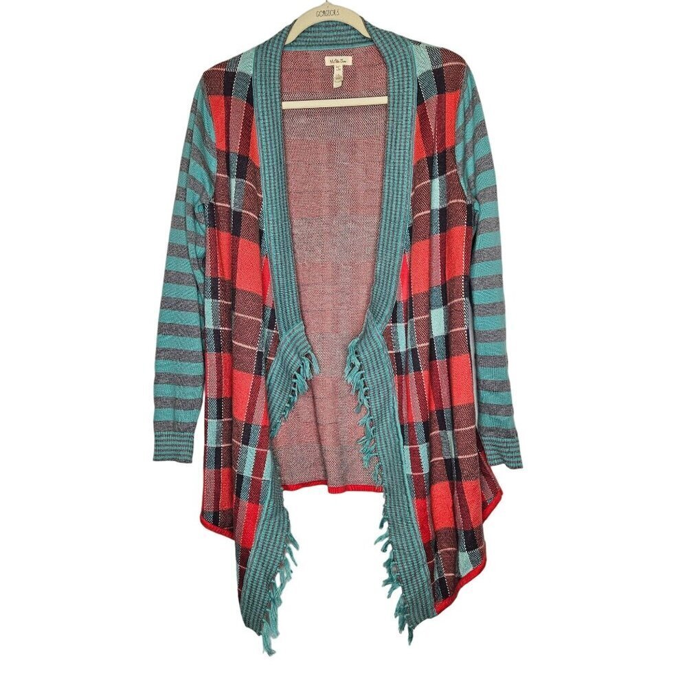 Matilda Jane Cardigan Sweater Fringe‎ Hem Open Front Plaid Stripes Multicolor sz